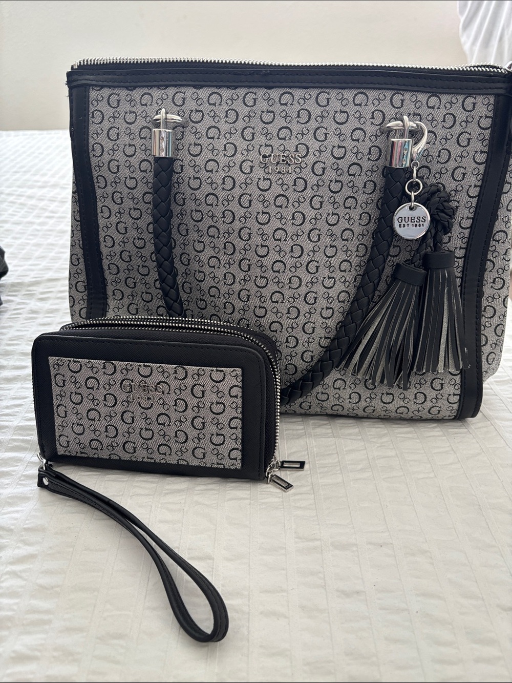 GUESS Gray Logo Tote with Black Trim and Matching Wristlet
